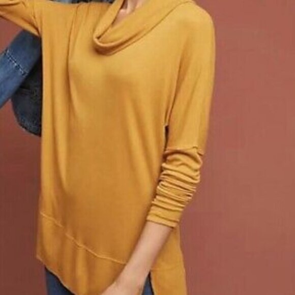 Bordeaux Mustard Yellow Ribbed Jersey Top‎ Anthro S Cowl Neck Tunic - Picture 1 of 9